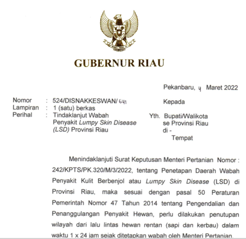 Surat Edaran Gubernur Tindaklanjut Wabah LSD