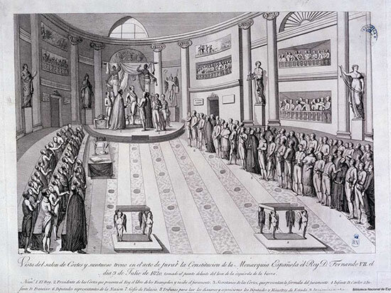 Fernando VII se ve obligado a jurar la Constitución de Cádiz debido al pronunciamiento de Rafael del Riego
