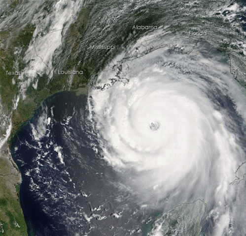 Katrina hits the Louisiana coast as a category 4 hurricane at 6 a.m.