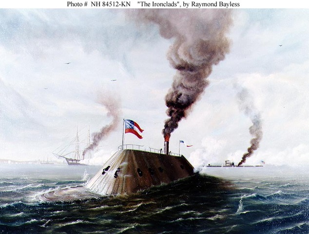 The Confederate Ironclad Merrimac sinks two wooden battle ships
