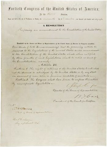 Ratification of 15th amendment guaranteeing black (male) suffrage