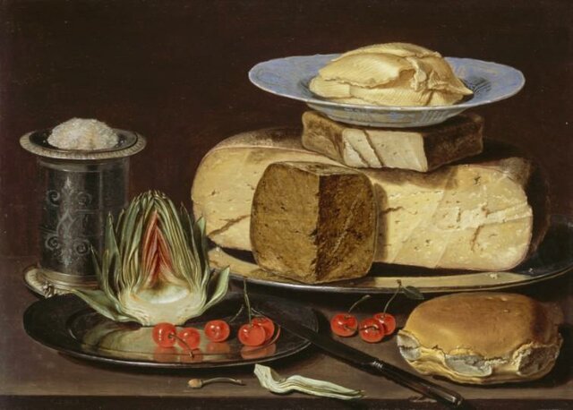 Clara Peeters (1594-1657) - Nature morte avec demi artichaut, fromages, beurre, pains, cerises et vaisselle d'argent