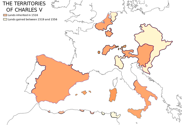 Charles V splits Hapsburgs controlled empire into two kingdoms; Spain and Austria
