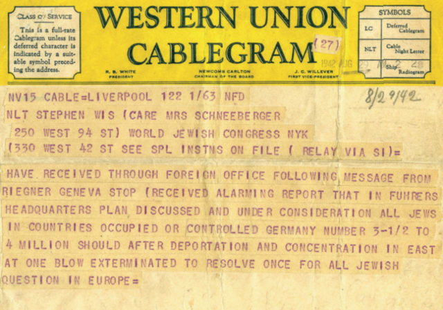 The State Department received a copy of a cable sent by the World Jewish Congress’s