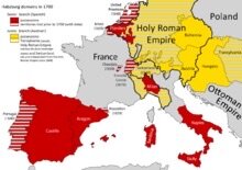 Charles V splits Hapsburgs controlled empire into two kingdoms; Spain and Austria