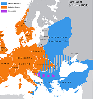 Great Schism divides eastern Orthodox and roman catholic churches in the Holy Roman Empire