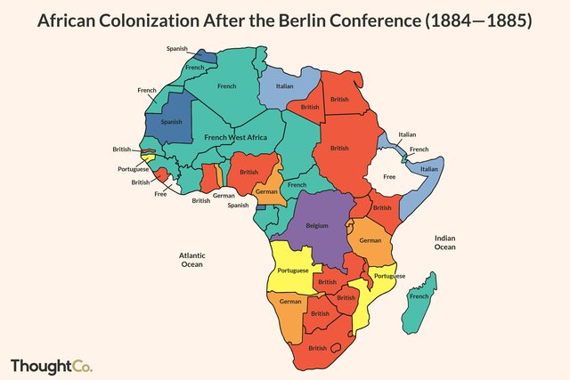 Berlin conference. Distribution of Africa amon the colonial powers. The Congo becomes the personal possession of King Leopoldo II of Belgium.