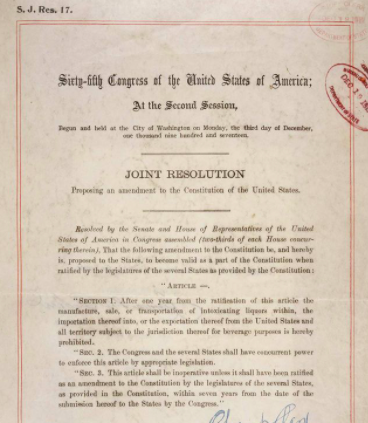 Eighteenth Amendment prohibits alcoholic beverages