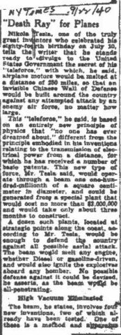 The New York Times publicizes Nikola Tesla's particle Beam research