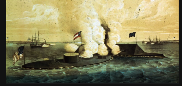 The Merrimac and the Monitor fight of the Virginia coast