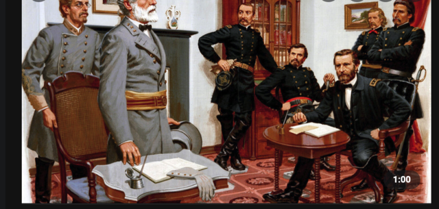 Robert E. Lee surrenders at Appomattox