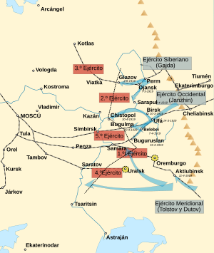 Kolchak (one of the White leaders) begins serious attacks against Reds from Siberia