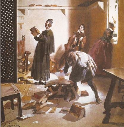 Enamorar se con la sobrina, el cura y el barbero hacen una hoguera con sus libros