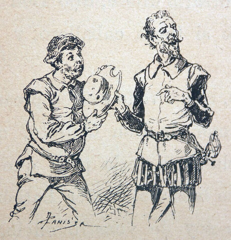 Don Quijote roba la bacía de un barbero.