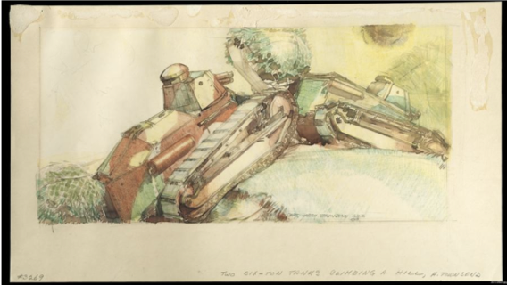Harry Townsend, Two Six-Ton Tanks Climbing a Hill, watercolor & pastel,1918, National Museum of American History.