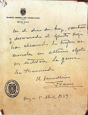 El general Franco hace público el último parte bélico