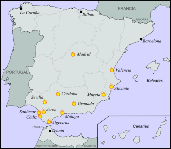 Ola de violencia anticlerical, con quema de conventos y otros edificios religiosos.