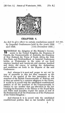 The Statute of Westminster is Passed