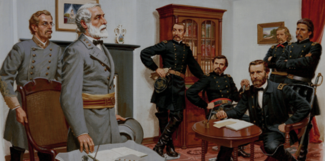 Robert E. Lee surrenders at Appomattox
