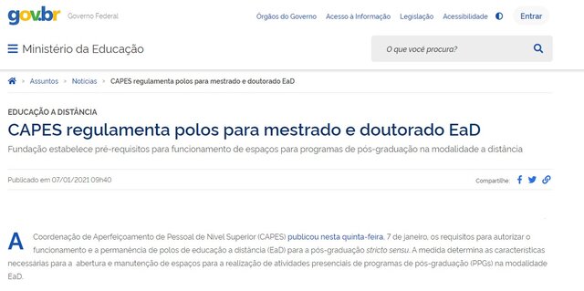 CAPES regulamenta polos para mestrado e doutorado EaD