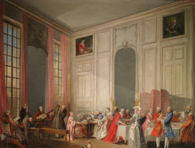 Michel Barthélemy Ollivier, Le Thé à l’anglaise servi dans le salon des Quatre-Glaces au palais du Temple à Paris en 1764, published in 1766, oil on canvas