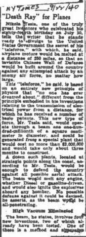 The New York Times publicizes Nikola Tesla's particle Beam research