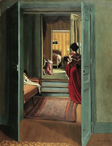 FÉLIX VALLOTTON: INTERIOR CON MUJER VESTIDA DE ROJO VISTA DESDE ATRÁS.