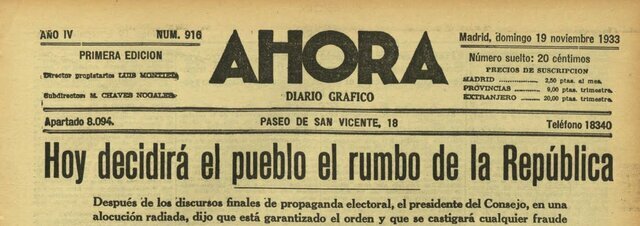 Elecciones generales en las que vence el centro derecha (CEDA y radicales). Se forma un gobierno presidido por Alejandro Lerroux (Partido Radical).