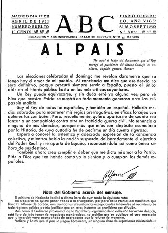 Texto de abdicación Alfonso XIII
