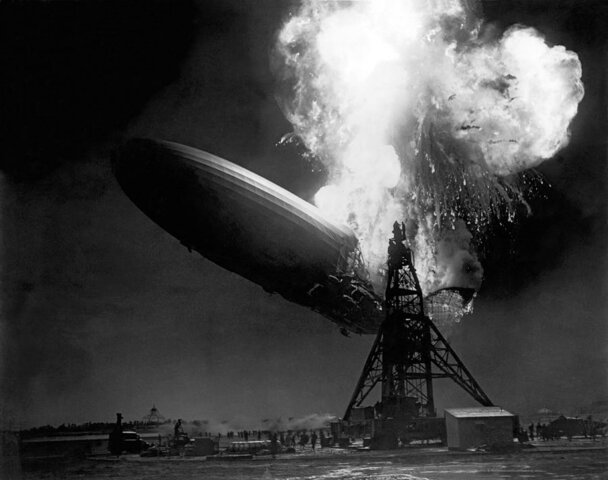 The Hindenburg catches fire and crashes