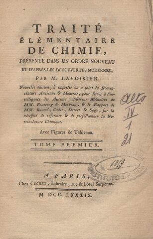 Lavoisier publie son traité élémentaire de chimie