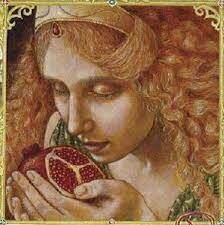 Persephone eats pomegranate seeds that are offered to her