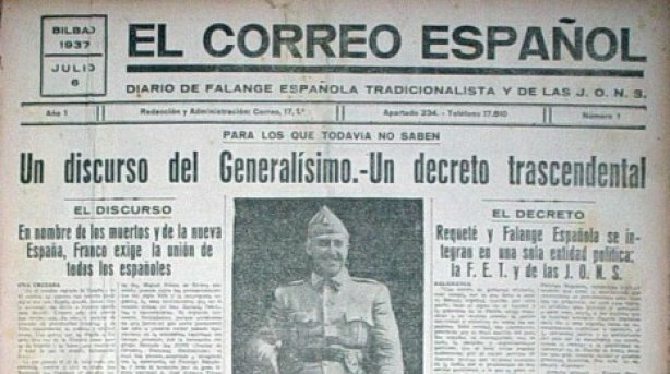Franco promulga el día 19 el llamado Decreto de Unificación, por medio del cual crea una única formación política legal bajo su mando: FET y de las JONS
