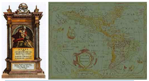 Portada de la primera colección de mapas efectuada por Mercator y la imagen de las Américas en su Atlas menor