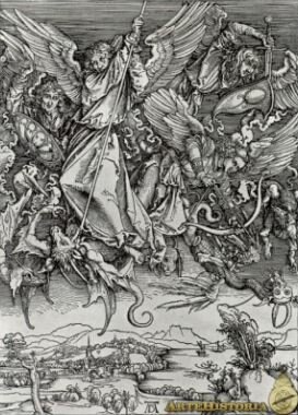 Representación demoníaca del dragón en la pintura "Apocalipsis" de Durero Alberto