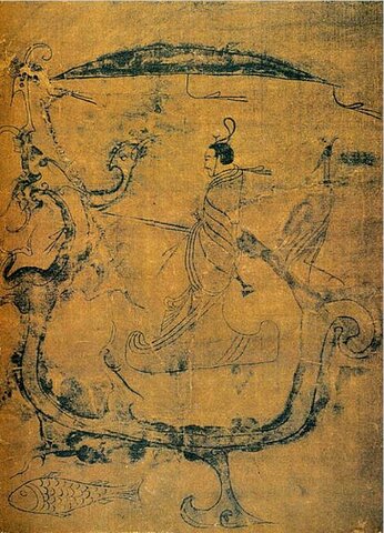 Pintura en la que un mago le pide a un dragón que vuele hasta el cielo