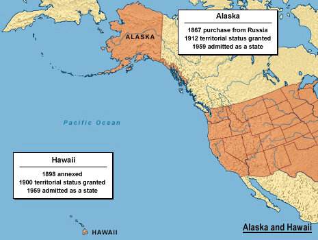 Alaska and Hawaii are added to the United States