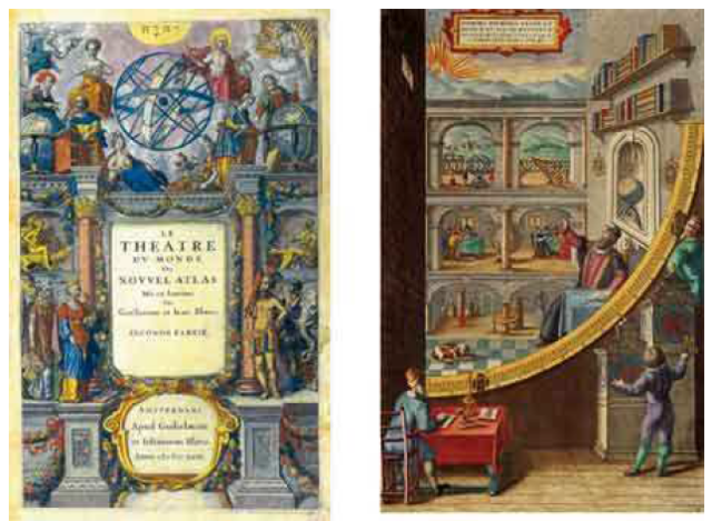 Portada de uno de los primeros Atlas de la familia Blaeu y un detalle del Observatorio de Uraniburgo.