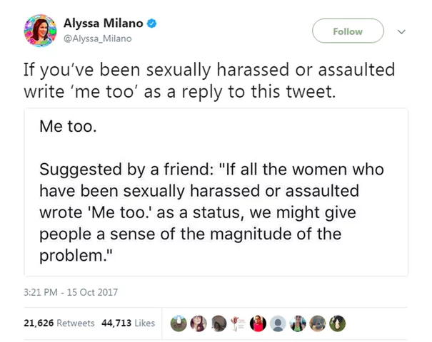 Alyssa Milano Tweets " Me Too"