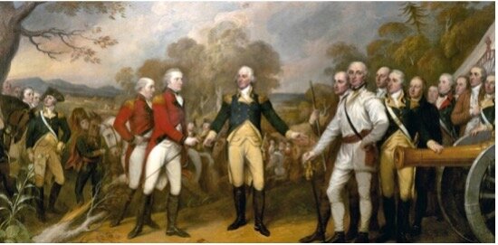 General John Burgoyne surrenders his Northern Army to Horatio Gates.