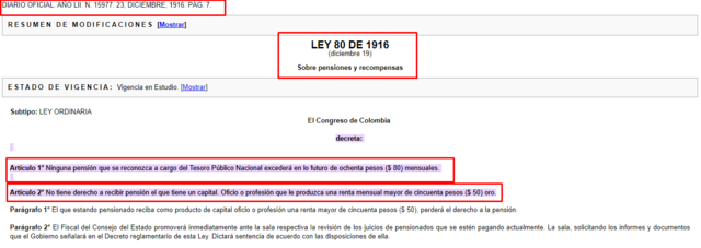 Ley 80 de 1916 - Pensiones y Recompensas