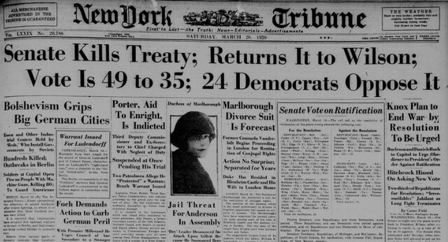 United States Fails to Ratify Treaty of Versailles