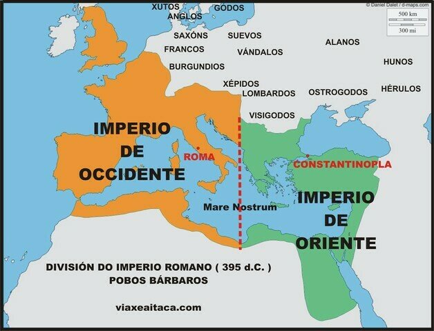 División del imperio en Oriente y Occidente.