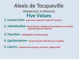 Alex de Tocqueville and his Five Principles : Liberty, Egalitarianism, Individualism, Populism, and Laissez-faire
