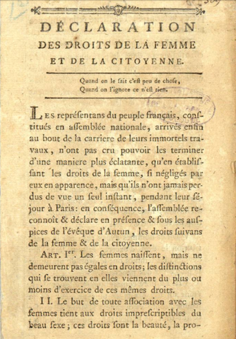 Publication of the Declaration of the Rights of Woman and of the Female Citizen by Olympe de Gouges