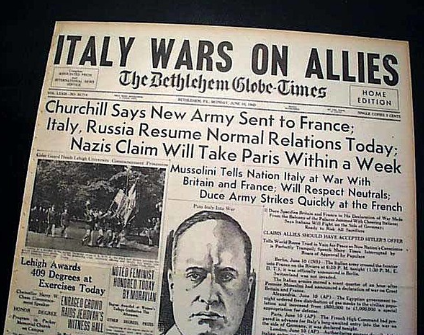 Italy enters WW II on side of Germany
