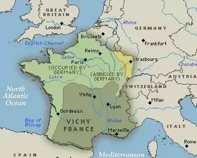 France surrenders and is split into two. The north is governed by the Germans and the south becomes known as Vichy France under the control of Marshal Pétain.