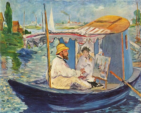 Claude Monet pintando en su barco-estudio, 1874.