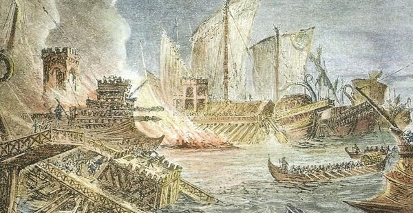 Batalla de Actium.Las legiones de Octavio Augusto derrotan a Marco Antonio.