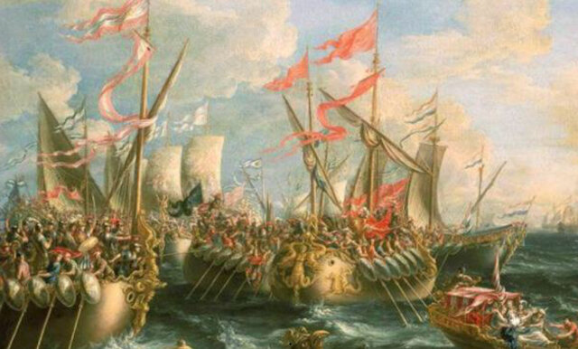 Batalla de Actiúm. Las legiones romanas de Octavio Agusto derrotan a Marco Antonio.
